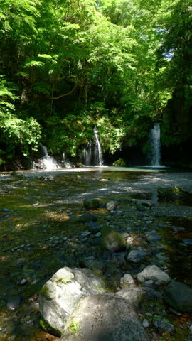 Scenic Waterfalls Surrounded by Verdures  Captured in Early Summer (Vertical | Real-Time Footage): Jimba Falls in Fujinomiya City, Shizuoka Prefecture, Japan