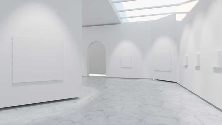 Abstract 3D minimalistic white gallery with empty canvases on the walls in clean monochromatic scene. Architectural animation for art, branding, and digital backgrounds