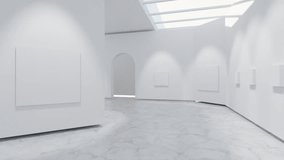 Abstract 3D minimalistic white gallery with empty canvases on the walls in clean monochromatic scene. Architectural animation for art, branding, and digital backgrounds - Powered by Shutterstock - Get 15% off with code: PIKWIZARD15