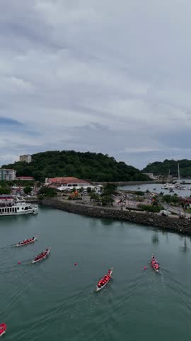 Rowers on the Amador Causeway, Panama: impressive aerial view of the annual competition in a spectacular setting.
