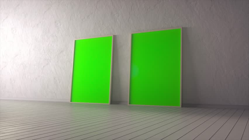 Two Vertical Green Screen Posters in Minimal Interior With Wooden Floor