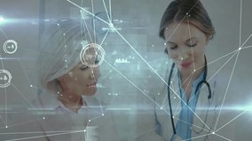 Physician tapping tablet guiding patient through health analytics with clock, animated data overlay. Medical, technology, digital, healthcare, analysis, professionalism, modern - Powered by Shutterstock - Get 15% off with code: PIKWIZARD15