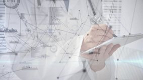 Female doctor bringing pen to paper and noting as network overlay fading in illustrating data flow. Medical, data, network, visualization, analytical, clinical, technology - Powered by Shutterstock - Get 15% off with code: PIKWIZARD15