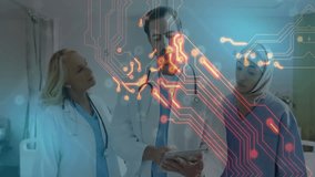 Three doctors reviewing patient data on tablet starting glowing circuit overlay showing AI analysis. Medical, technology, innovation, healthcare, network, connectivity, digital - Powered by Shutterstock - Get 15% off with code: PIKWIZARD15