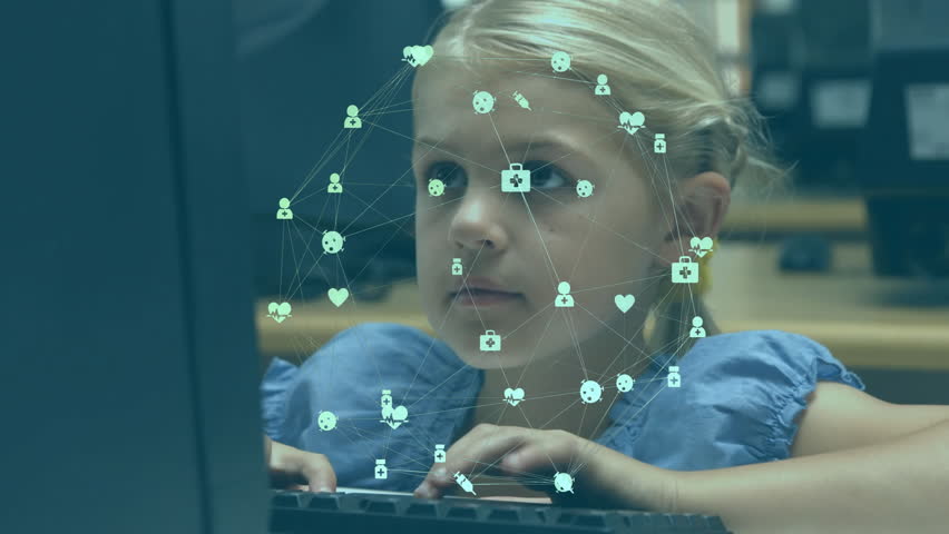 Child typing keyboard activating icon network with hearts users gears medical crosses for education. Technology, innovation, learning, digital, neuroscience, connection, focus