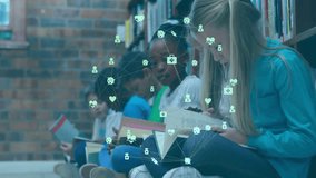 Students leafing pages in library, activating network overlay for visualizing educational data. Children, education, technology, connectivity, learning, innovation, digital - Powered by Shutterstock - Get 15% off with code: PIKWIZARD15