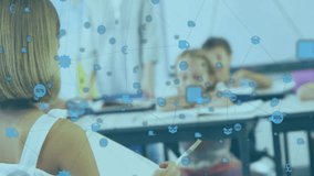 Child girl standing in classroom reading paper for education as building blue icon network overlay. Education, e-learning, digital, collaboration, communication, innovation, learning environment - Powered by Shutterstock - Get 15% off with code: PIKWIZARD15