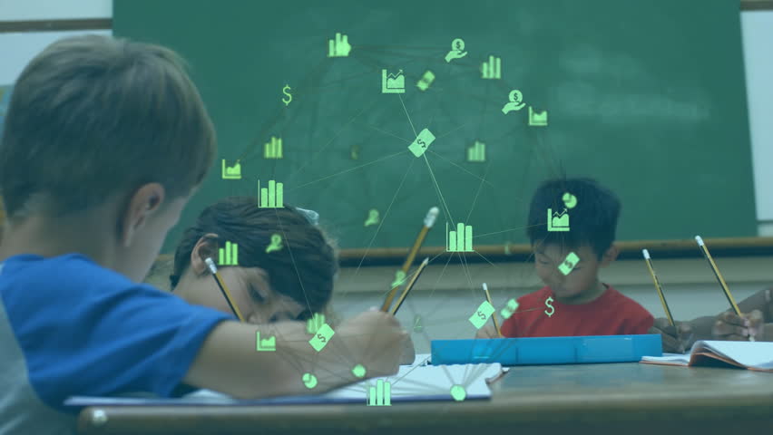 Children writing while teacher leaning and pointing book guiding learning with floating data icons. Education, classroom, collaboration, literacy, digital learning, student engagement, instructional - Powered by Shutterstock - Get 15% off with code: PIKWIZARD15