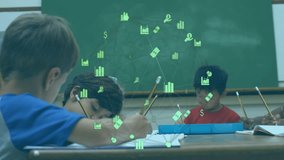 Children writing while teacher leaning and pointing book guiding learning with floating data icons. Education, classroom, collaboration, literacy, digital learning, student engagement, instructional - Powered by Shutterstock - Get 15% off with code: PIKWIZARD15