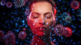 Anxious woman surrounded by giant floating viruses and bacteria, airborne disease transmission concept visualization. 3D Illustration - Powered by Shutterstock - Get 15% off with code: PIKWIZARD15