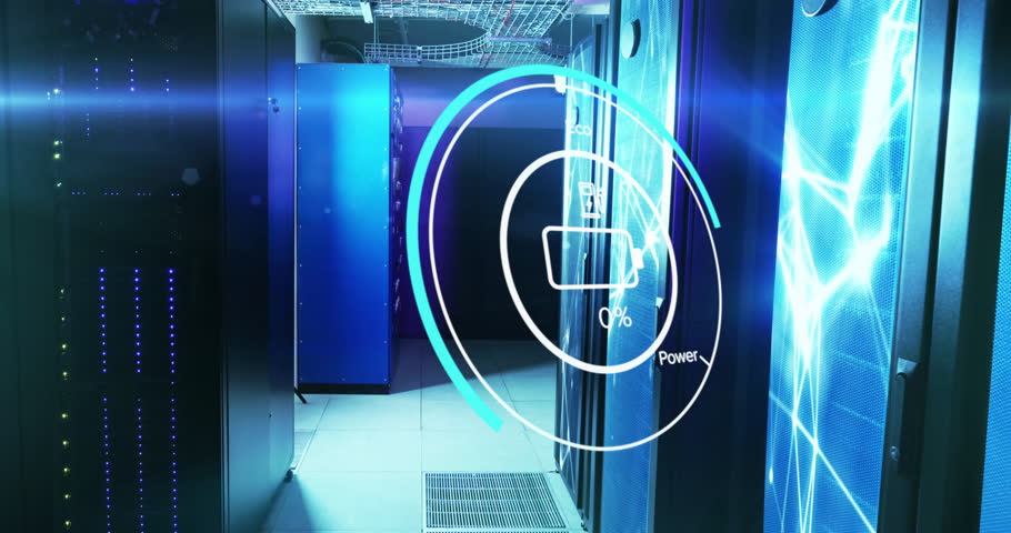 Data corridor overlay appearing and monitoring eco power gauge filling then dropping beside racks. Technology, data center, digital, energy, sustainability, infrastructure, futuristic