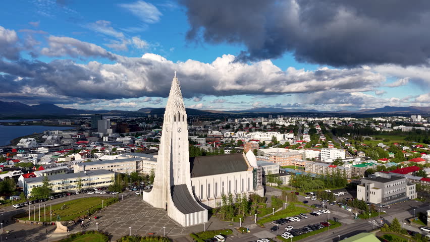Stunning Aerial View of Hallgrmskirkja Church in Reykjavik, Iceland