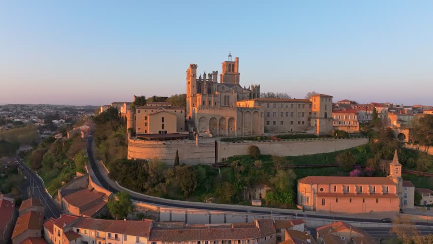 Aerial view of Saint Nazaire rising above medieval Beziers, France