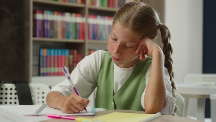 Caucasian girl teenager kid child sad disappointed upset student schoolgirl think lesson school learning studying problem education writing difficult test exam pupil boring study in classroom tired - Powered by Shutterstock - Get 15% off with code: PIKWIZARD15