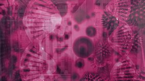 Overlay opening with code emerging, helices receding, virus particles representing viral analysis. Biotechnology, data, innovation, cybersecurity, science, research, digital - Powered by Shutterstock - Get 15% off with code: PIKWIZARD15