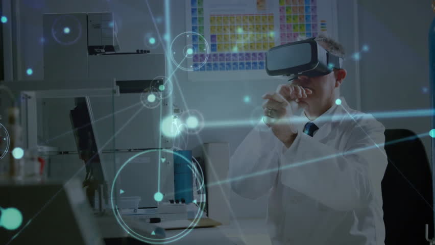 Senior scientist donning VR headset manipulating glowing network nodes for research data analysis. Futuristic, innovation, digital, technology, data, analysis, science - Powered by Shutterstock - Get 15% off with code: PIKWIZARD15