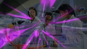 Team pipetting reviewing data monitoring experiment activating overlay cycling rainbow hues in lab. Research, collaboration, innovation, science, technology, experimentation, discovery - Powered by Shutterstock - Get 15% off with code: PIKWIZARD15