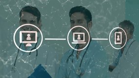 Doctors smiling as network animation flowing from desktop to laptop to smartphone in hospital hall. Medical, healthcare, communication, collaboration, technology, digital, professional - Powered by Shutterstock - Get 15% off with code: PIKWIZARD15