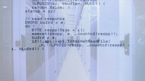 Opening with C++ code overlay scrolling across server aisle reading HTTP data showing process. Technology, cybersecurity, programming, data center, network, digital, innovation - Powered by Shutterstock - Get 15% off with code: PIKWIZARD15
