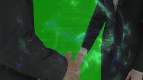 Two business colleagues shaking hands and animating cloud device icons illustrating digital network. Collaboration, connectivity, professionalism, innovation, futuristic, teamwork, digitalization - Powered by Shutterstock - Get 15% off with code: PIKWIZARD15