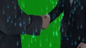 Woman extending business handshake to man on green screen starting streaming binary code onto hands. Technology, collaboration, networking, futurism, corporate, digital, professional - Powered by Shutterstock - Get 15% off with code: PIKWIZARD15