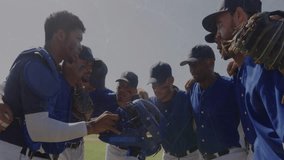 Baseball team huddling, catcher holding mask motivating team, slapping gloves, returning. Sports, teamwork, unity, athletic, competition, outdoor, motivation - Powered by Shutterstock - Get 15% off with code: PIKWIZARD15