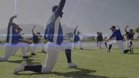 Coach stepping forward, baseball team kneeling stretching arms as digital scan ensuring readiness. Athletes, sports, practice, fitness, teamwork, digital, technology - Powered by Shutterstock - Get 15% off with code: PIKWIZARD15