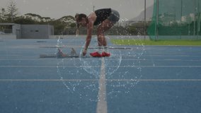 Female track athlete tuning starting blocks while pulsing globe showing technology for sprint start. Athletics, competition, speed, performance, modern, digital, outdoor - Powered by Shutterstock - Get 15% off with code: PIKWIZARD15