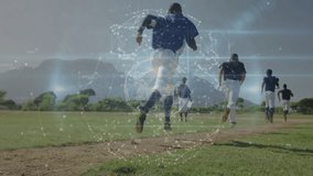 Globe pulsing prompts baseball team sprinting basepath to outfield for performance tracking. Athletics, teamwork, digital, innovation, training, performance, sports - Powered by Shutterstock - Get 15% off with code: PIKWIZARD15