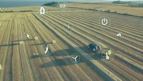 Aerial camera surveying field triggers green tractor with baler making bales, updating data. Agriculture, sustainability, eco-friendly, precision farming, drone, data visualization, renewable energy - Powered by Shutterstock - Get 15% off with code: PIKWIZARD15