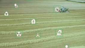 harvester starting, combine advancing left slicing wheat, icons drifting showing environmental data. Agriculture, sustainability, precision farming, eco-friendly, renewable energy, innovation, aerial - Powered by Shutterstock - Get 15% off with code: PIKWIZARD15