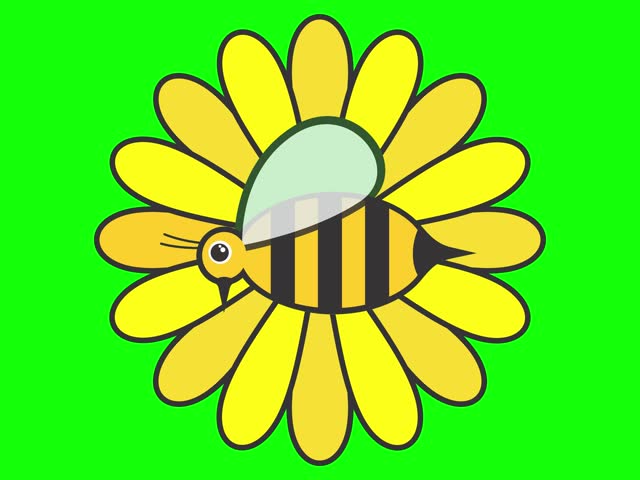 A cartoon bee flying over a large yellow flower on a bright green screen background. Ideal for children’s content, chroma key effects, or pollination-themed animation.