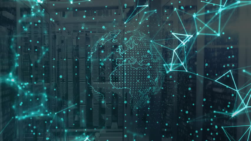 Teal dots forming mesh above racks initiating hologram globe rotating with pulsing rerouting data. Technology, cybersecurity, innovation, network, digital, futuristic, connectivity