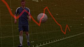 Soccer player jogging to ball, striking trapping on clear grid; red graph showing sports analytics. Athletic, performance, modern, innovation, outdoor, technology, fitness - Powered by Shutterstock - Get 15% off with code: PIKWIZARD15