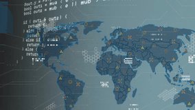 C++ code scrolling on transparent screen causing map fading and network nodes animating to monitor. Technology, cybersecurity, digital, networking, analytics, data, visualization - Powered by Shutterstock - Get 15% off with code: PIKWIZARD15