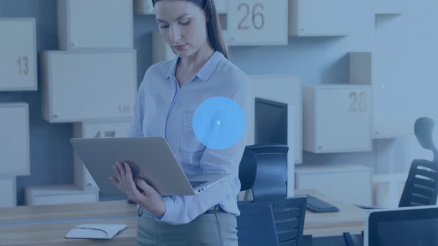 Woman tapping laptop screen, expanding shipping network of envelope, briefcase, cloud and avatars. Digital, connectivity, technology, professional, workflow, innovation, networking