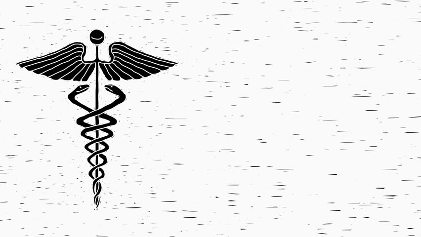 This is a motion graphic animation of a white wiggly hand drawn caduceus medical symbol grungy background, on alpha transparent background, on loop