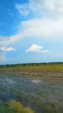 SSTKVertical, Scenic clouds and their reflections in the flooded rice fields through the train window in the daylight