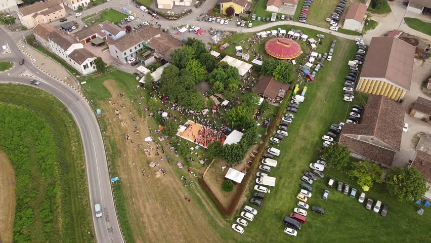 Music and craft made festival, drone view. Guastalla, Italy