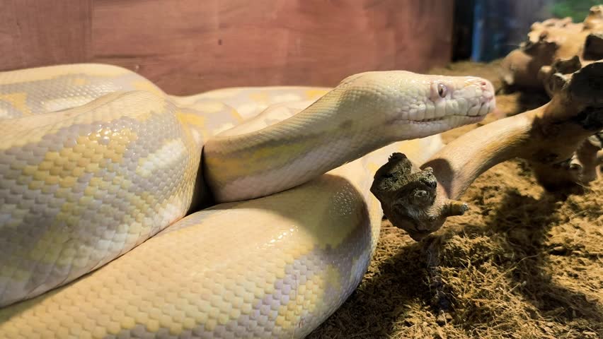 The yellow and white Burmese python (Python Bivittatus) has beautiful. Close-up of a coiled white albino python resting on a brown bedding in a terrarium.