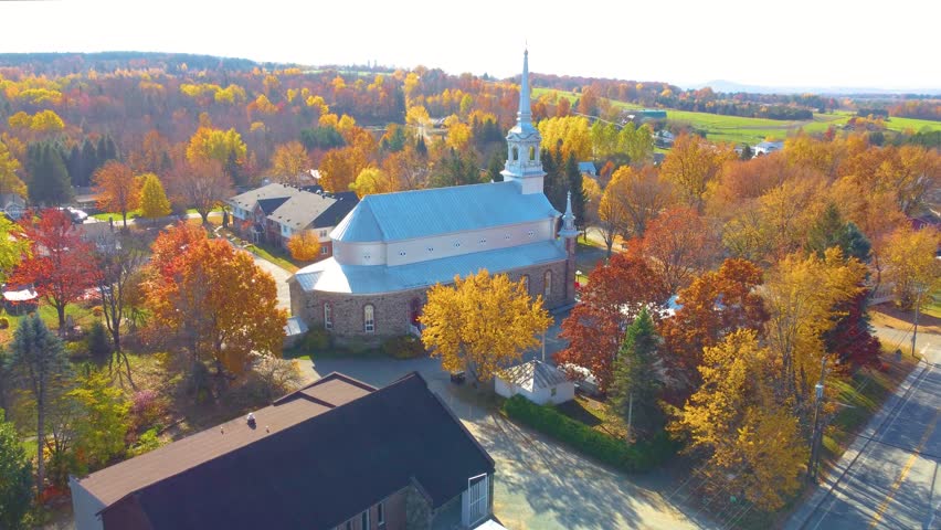 Aerial View Of Ancient Church Architecture During Autumn In Estrie Region, Quebec, Canada.