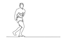 Animated self drawing of continuous line draw muscular man bodybuilder posing on stage. Attractive sportsman shows his muscles. Bodybuilding, strength, sport, health. Full length single line animation - Powered by Shutterstock - Get 15% off with code: PIKWIZARD15