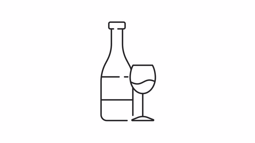 Wine bottle and glass line animation. Alcohol drink animated icon. Shaking liquid, moving. Holiday celebration, beverage. Outline element on white background. HD video with alpha channel