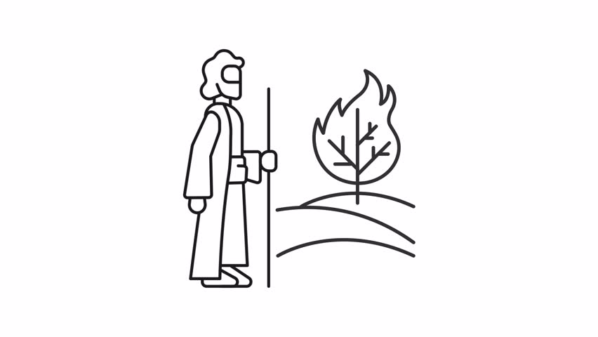 Moses burning bush line animation. Nature fire animated icon. Shaking flame. Moving hands. Ancient traveller. Plant, tree. Outline element on white background. HD video with alpha channel