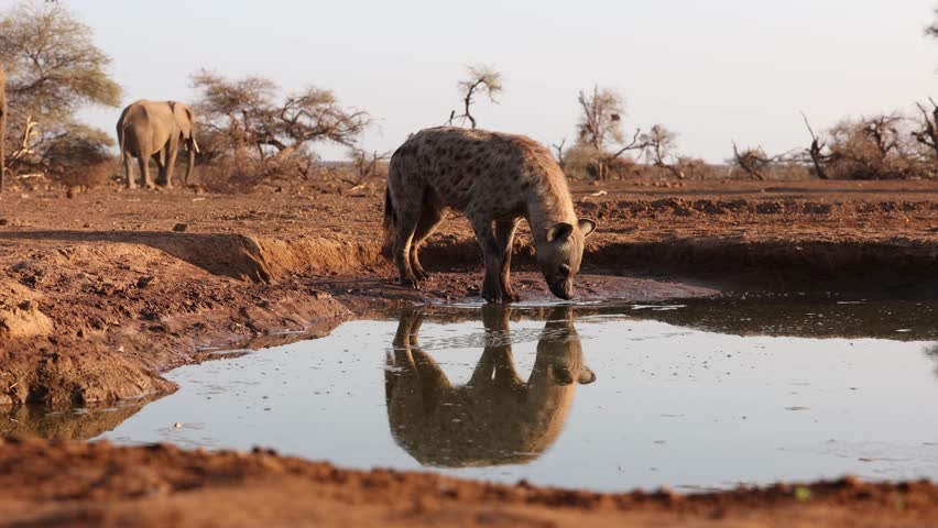 Wide shot of a spotted hyena standing in a waterhole while drinking with a beautiful reflection on the surface with elephants feeding in the background, Mashatu Game Reserve.
