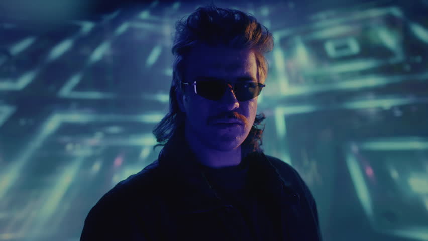 Portrait: Handsome male in retro style, vaporwave actor vintage TV series. Face of a cool man from the 1990 1980 wearing sunglasses, retrowave hair style and mustache. Nostalgia