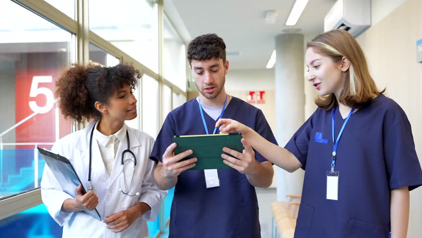 Medical professionals collaborating while walking hospital corridor, reviewing digital health records on tablet, discussing patient information with focused expertise - Powered by Shutterstock - Get 15% off with code: PIKWIZARD15