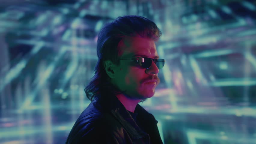 Portrait: Handsome male in retro style, vaporwave actor vintage TV series. Face of a cool man from the 1990 1980 wearing sunglasses, retrowave hair style and mustache. Nostalgia