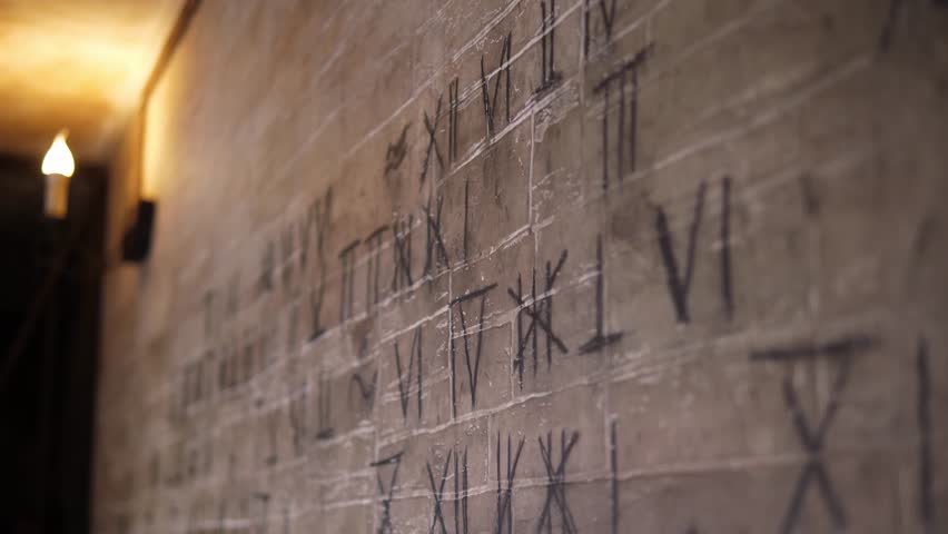 Close-up of Roman numerals on an old gray wall in a dark room. An old prison cell with numbers and dashes written in ink on the wall.