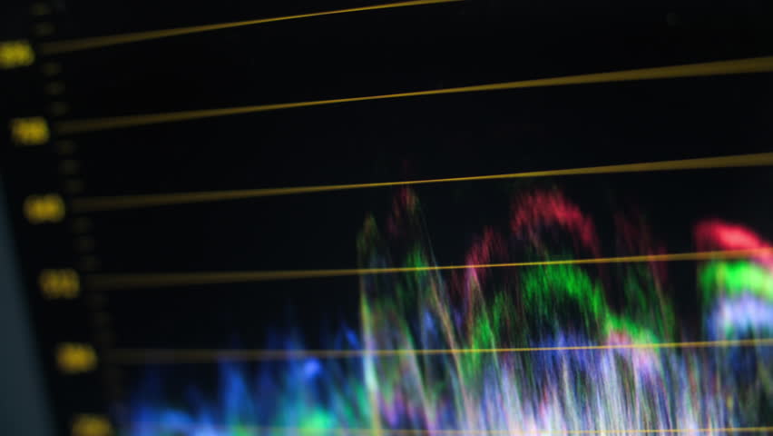 Video color correction histogram. Analyzes video grading software, interface. RGB colour graphic bar